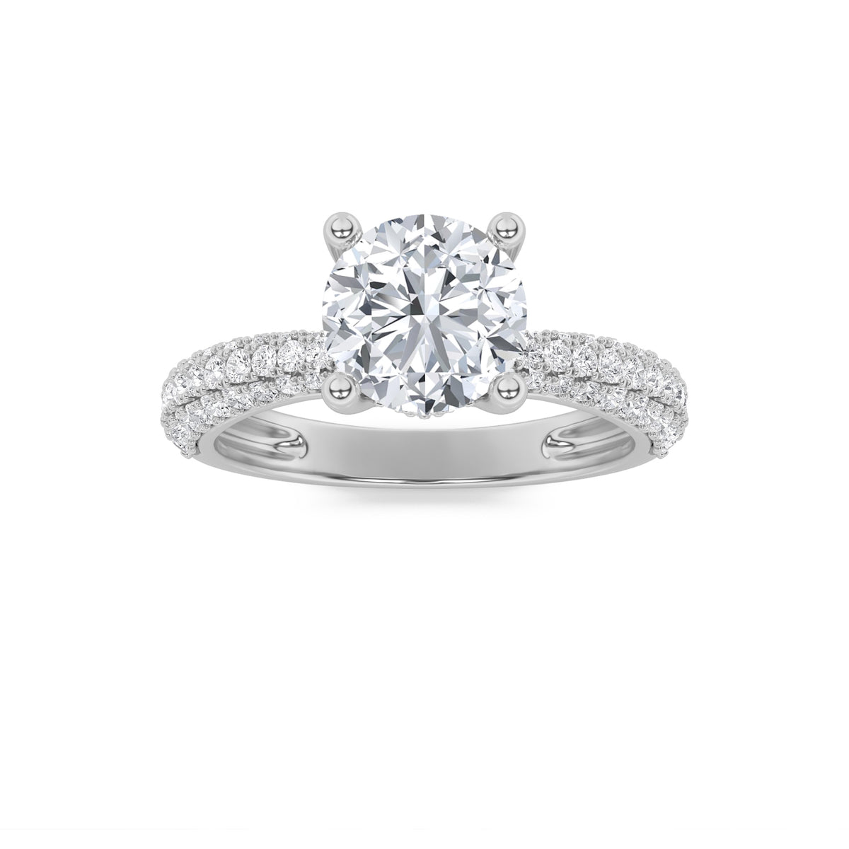 2Cttw Round Shaped Lab Grown Diamond (F/VS) ThreeRow Micro Pave Engagement Ring in 14K Gold