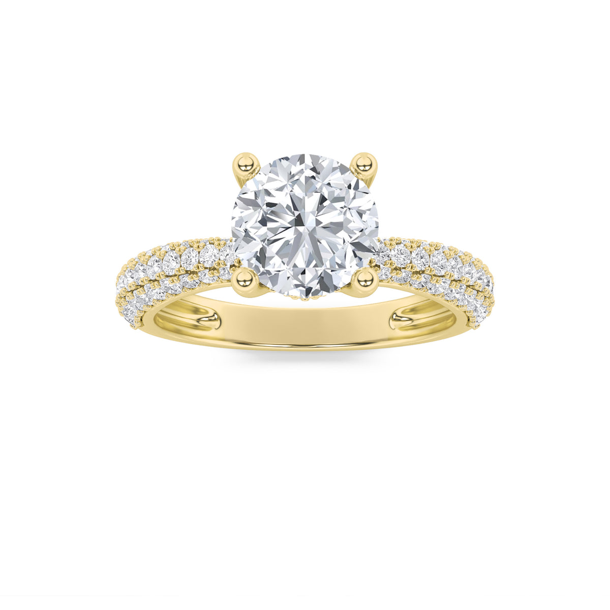 2Cttw Round Shaped Lab Grown Diamond (G/VS) ThreeRow Micro Pave Engagement Ring in 14K Gold