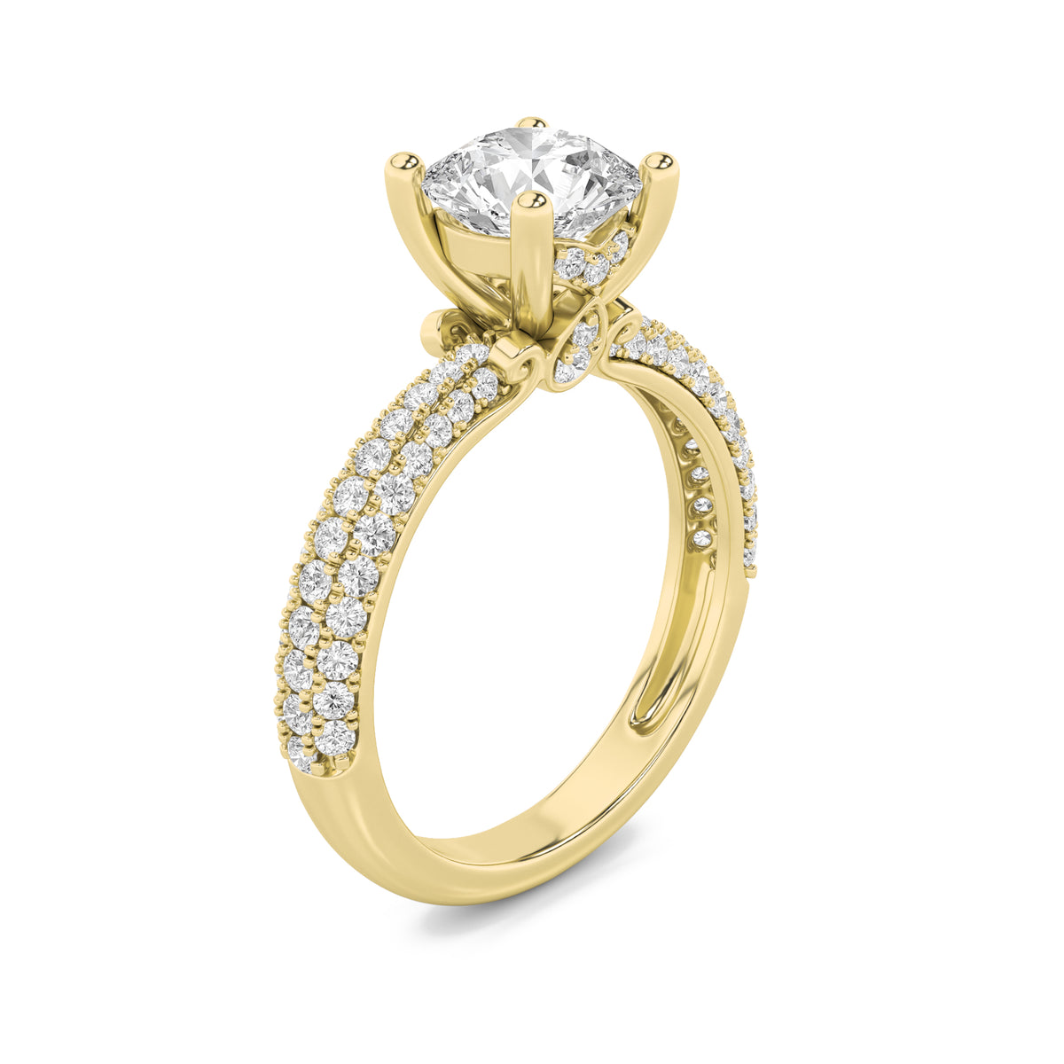 2Cttw Round Shaped Lab Grown Diamond (G/VS) ThreeRow Micro Pave Engagement Ring in 14K Gold