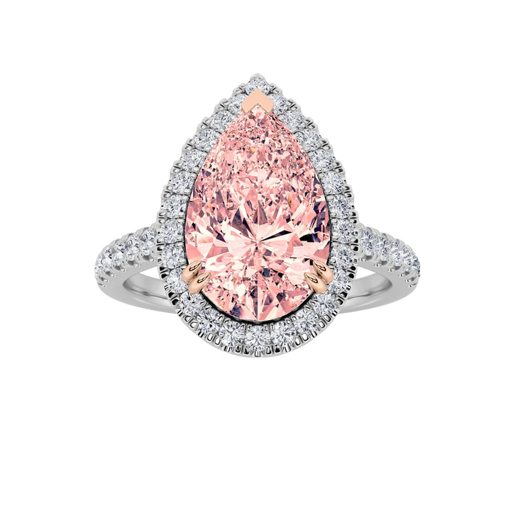 3Cttw Pear Shaped Lab Grown Diamond (F/VS) Bolld Accented Halo Engagement Ring in 14K Gold