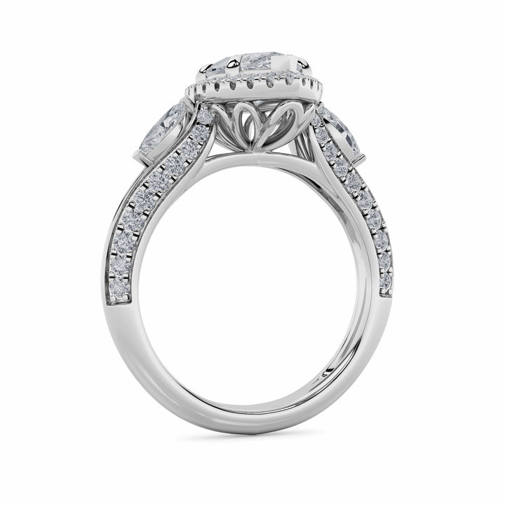 3Cttw Marquise Shaped Lab Grown Diamond (F/VS) Three Stone Halo Enagement Ring in 14K Gold