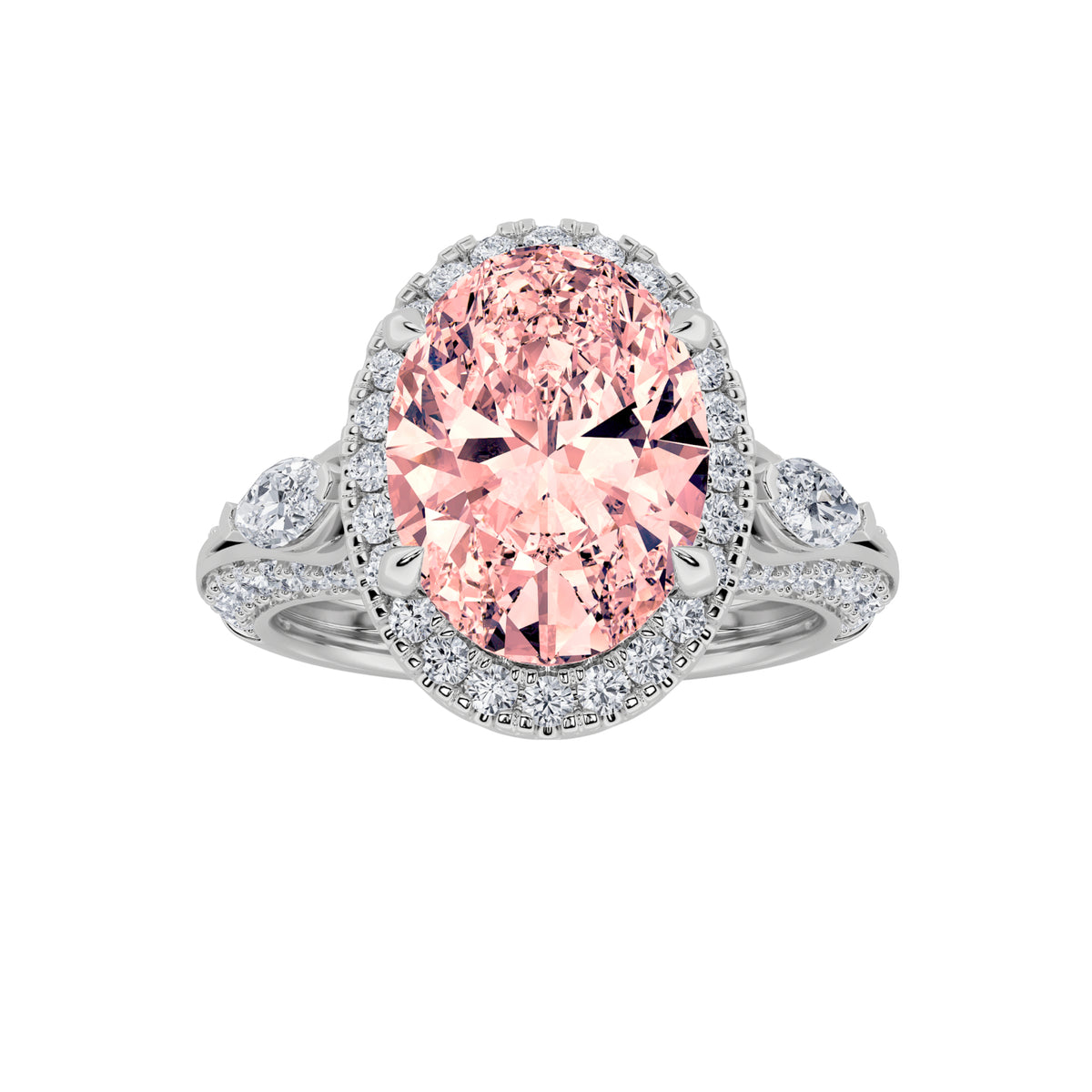 3Cttw Oval Shaped Lab Grown Diamond (F/VS) Three Stone Halo Enagement Ring in 14K Gold