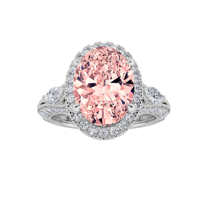 3Cttw Oval Shaped Lab Grown Diamond (F/VS) Three Stone Halo Enagement Ring in 14K Gold