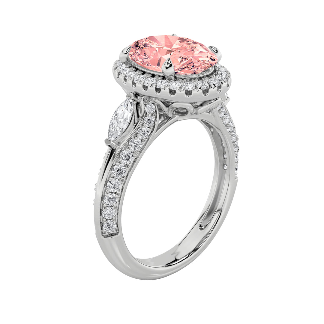 3Cttw Oval Shaped Lab Grown Diamond (F/VS) Three Stone Halo Enagement Ring in 14K Gold