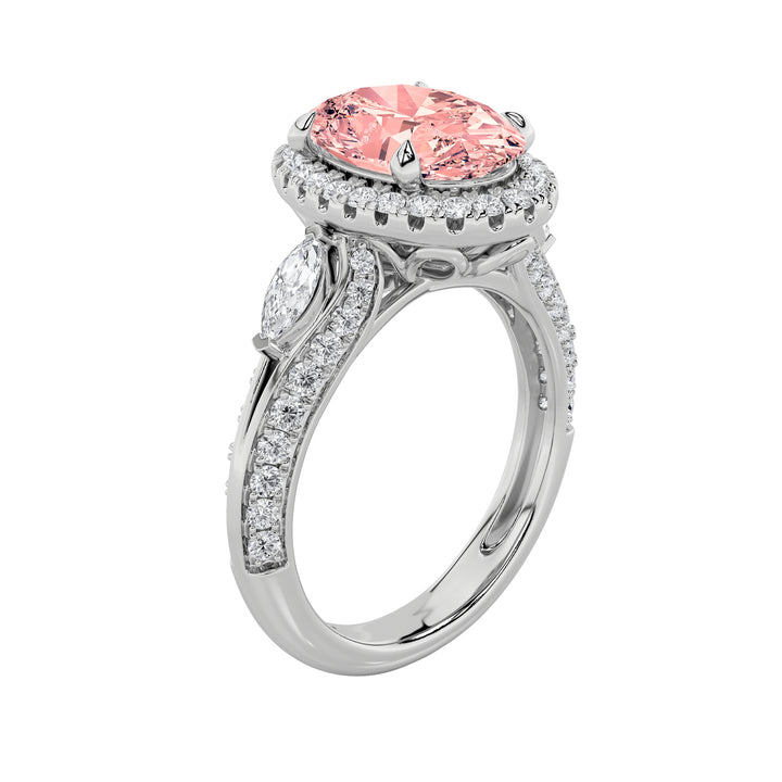 3Cttw Oval Shaped Lab Grown Diamond (F/VS) Three Stone Halo Enagement Ring in 14K Gold