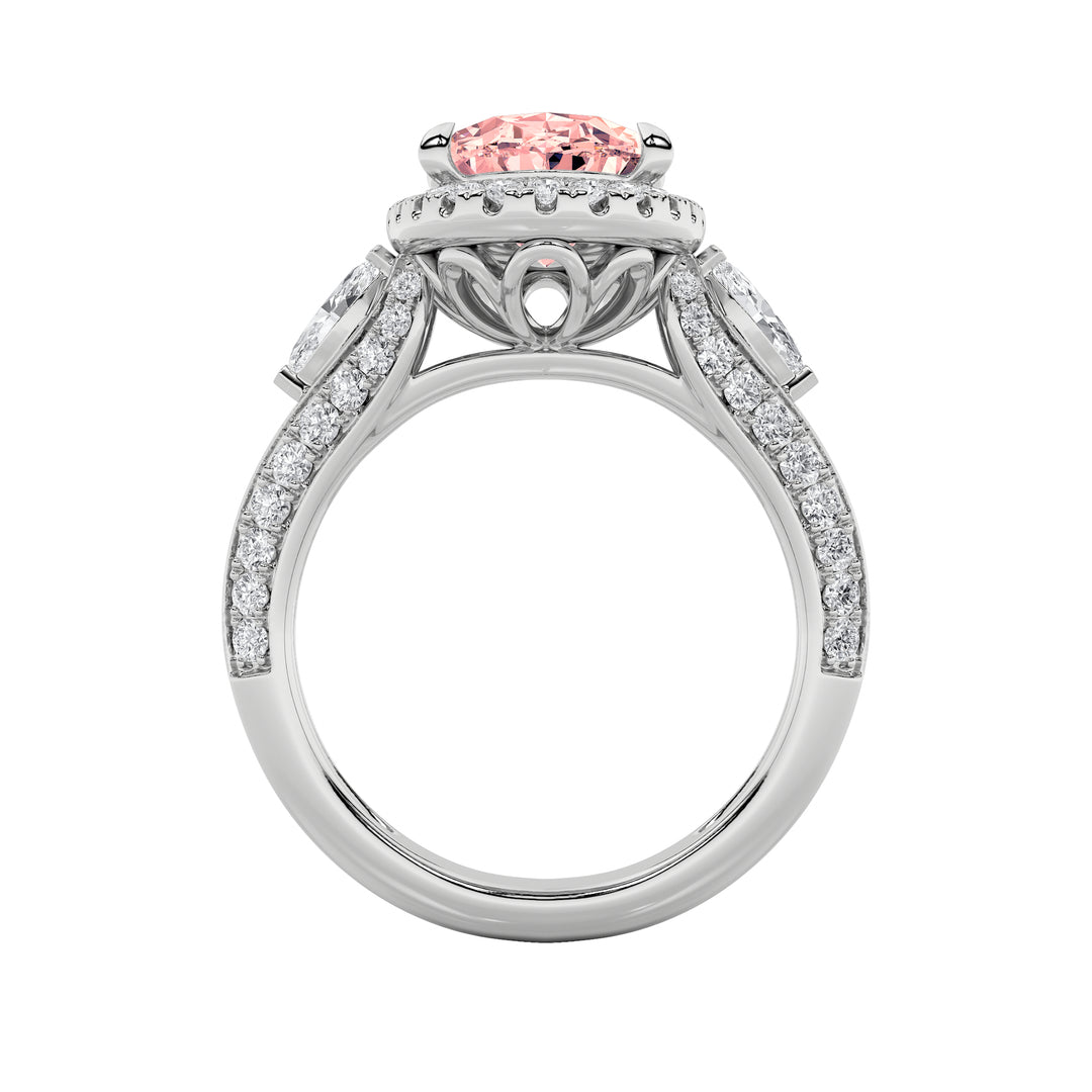 3Cttw Oval Shaped Lab Grown Diamond (F/VS) Three Stone Halo Enagement Ring in 14K Gold