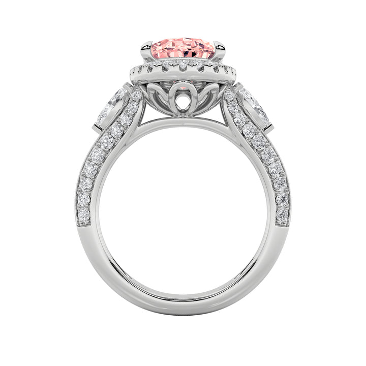 3Cttw Oval Shaped Lab Grown Diamond (F/VS) Three Stone Halo Enagement Ring in 14K Gold