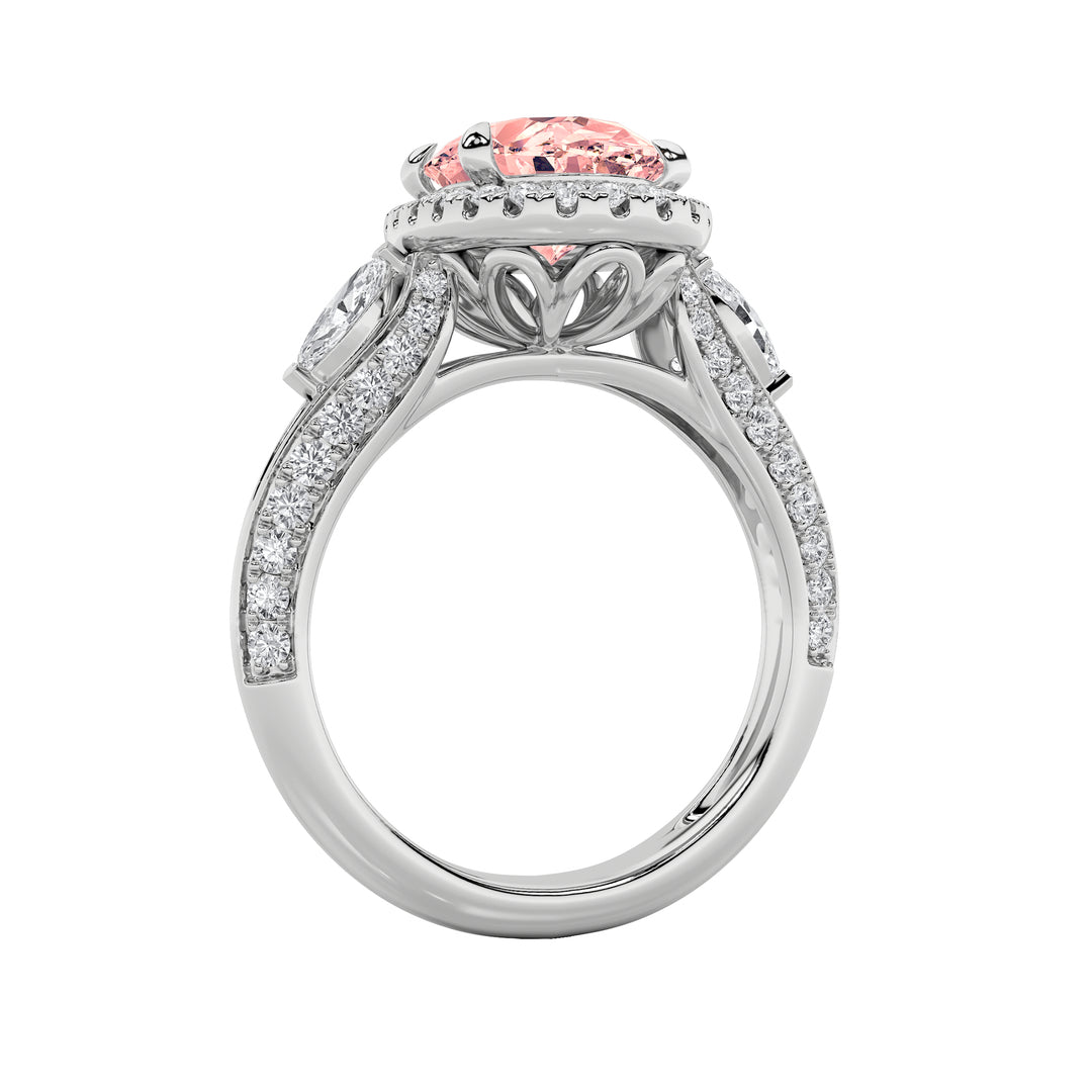 3Cttw Oval Shaped Lab Grown Diamond (F/VS) Three Stone Halo Enagement Ring in 14K Gold