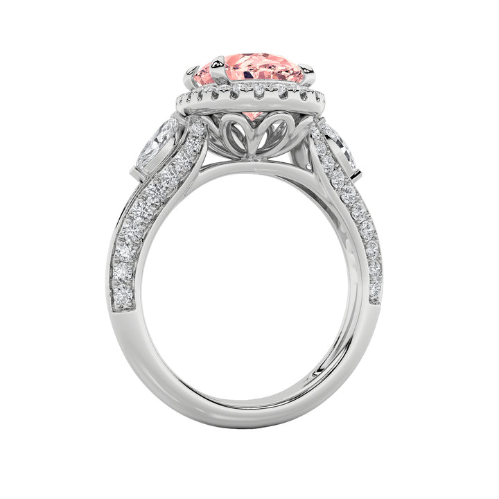 3Cttw Oval Shaped Lab Grown Diamond (F/VS) Three Stone Halo Enagement Ring in 14K Gold