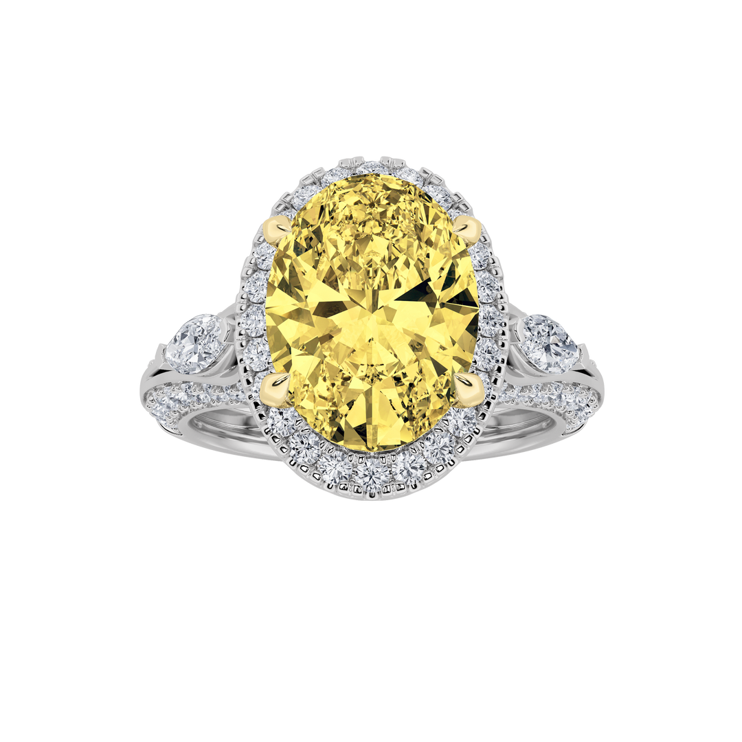 3Cttw Oval Shaped Lab Grown Diamond (F/VS) Three Stone Halo Enagement Ring in 14K Gold