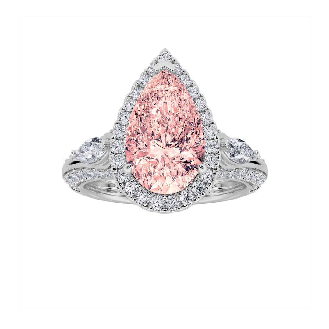 3Cttw Pear Shaped Lab Grown Diamond (F/VS) Three Stone Halo Enagement Ring in 14K Gold