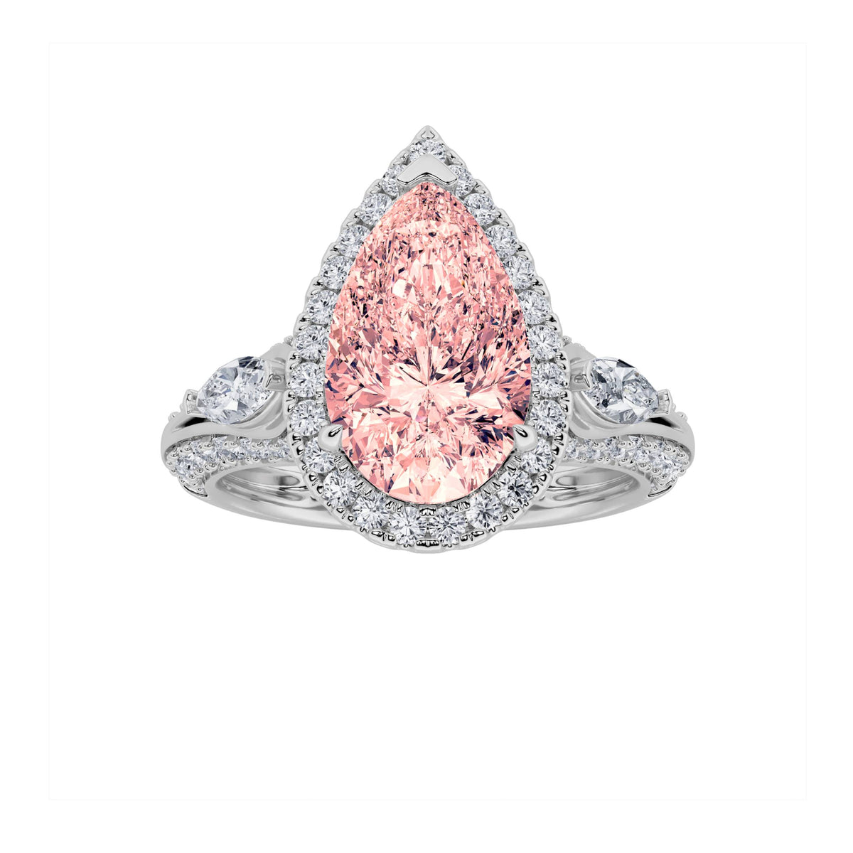 3Cttw Pear Shaped Lab Grown Diamond (F/VS) Three Stone Halo Enagement Ring in 14K Gold