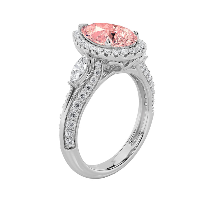 3Cttw Pear Shaped Lab Grown Diamond (F/VS) Three Stone Halo Enagement Ring in 14K Gold