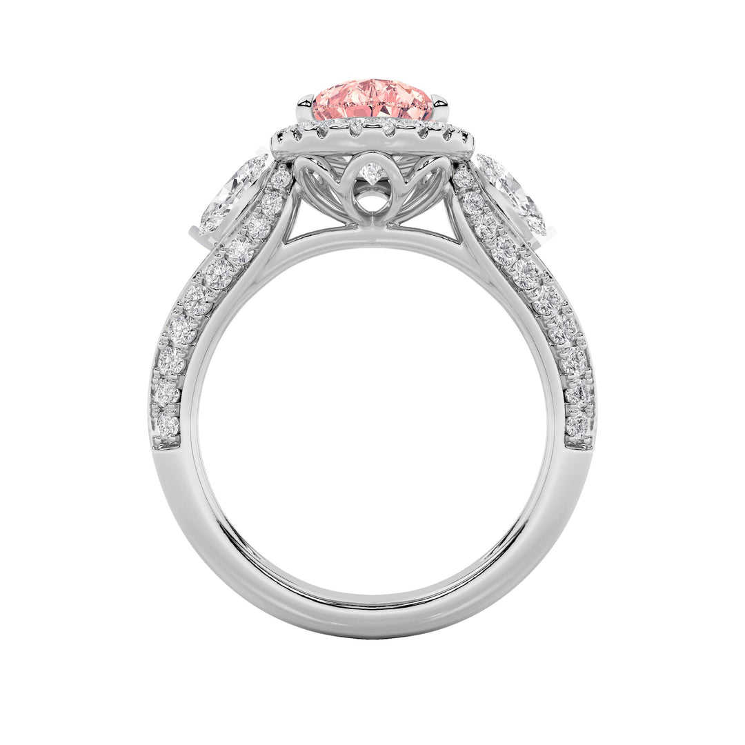 3Cttw Pear Shaped Lab Grown Diamond (F/VS) Three Stone Halo Enagement Ring in 14K Gold