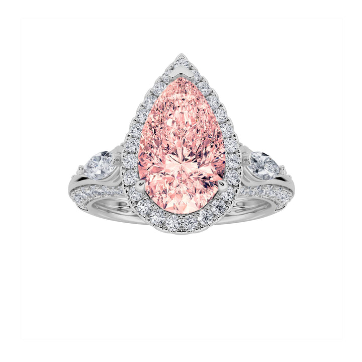 3Cttw Pear Shaped Lab Grown Diamond (F/VS) Three Stone Halo Enagement Ring in 14K Gold