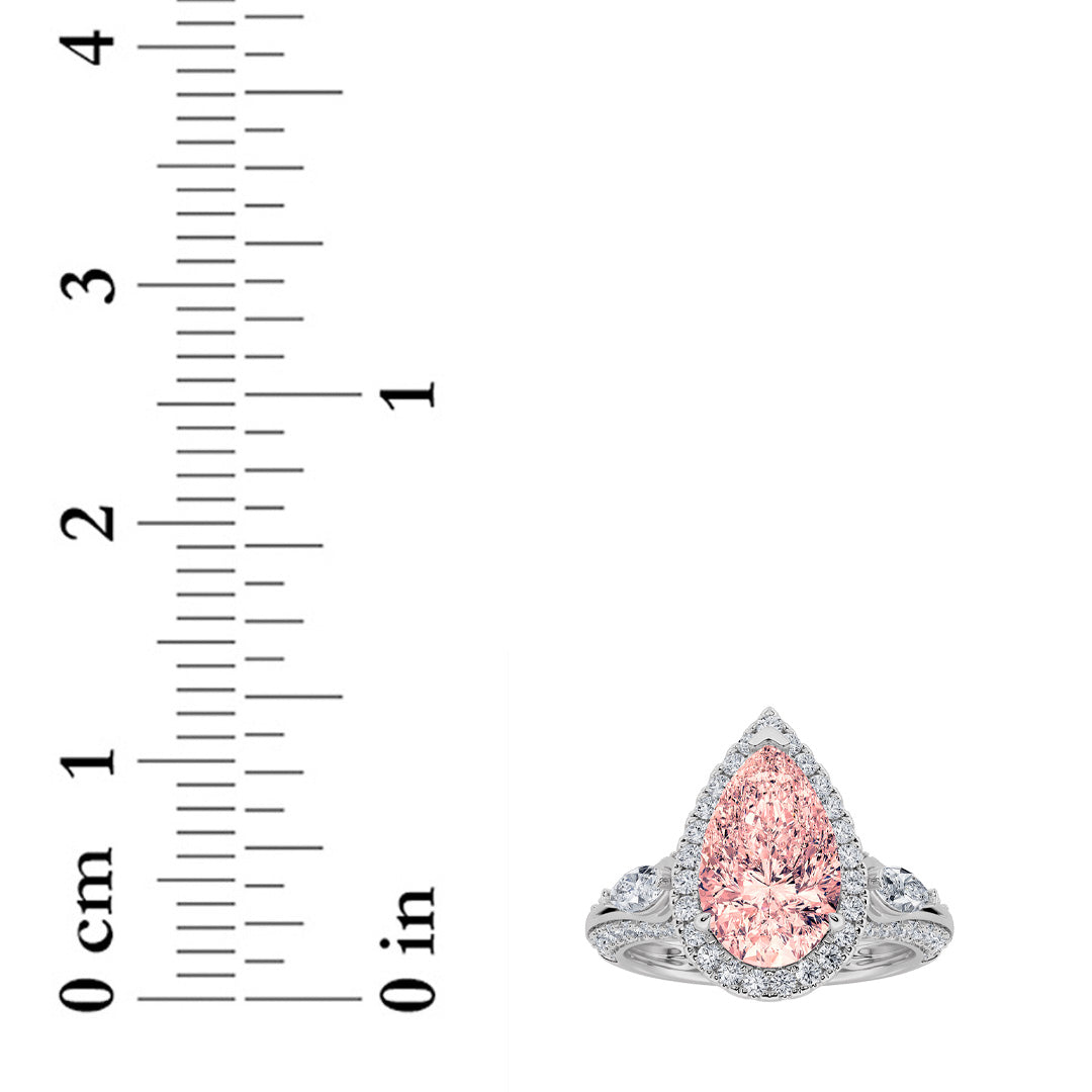 3Cttw Pear Shaped Lab Grown Diamond (F/VS) Three Stone Halo Enagement Ring in 14K Gold