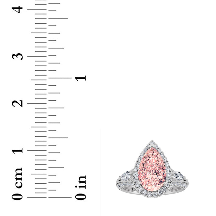 3Cttw Pear Shaped Lab Grown Diamond (F/VS) Three Stone Halo Enagement Ring in 14K Gold