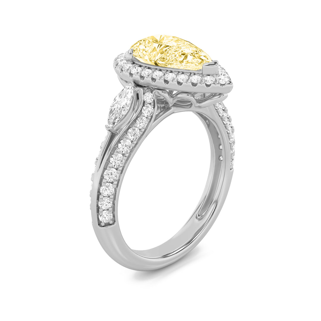 3Cttw Pear Shaped Lab Grown Diamond (F/VS) Three Stone Halo Enagement Ring in 14K Gold