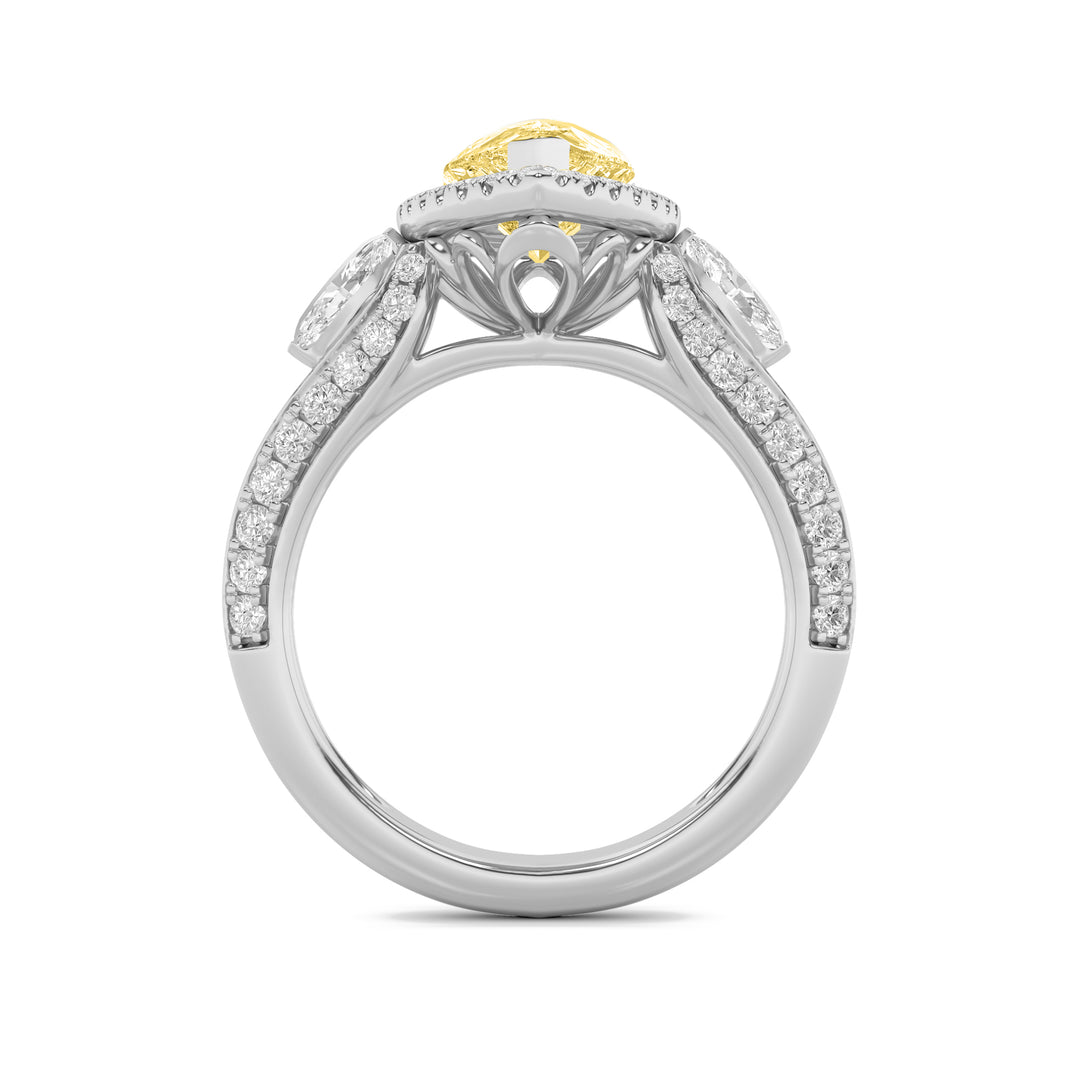 3Cttw Pear Shaped Lab Grown Diamond (F/VS) Three Stone Halo Enagement Ring in 14K Gold