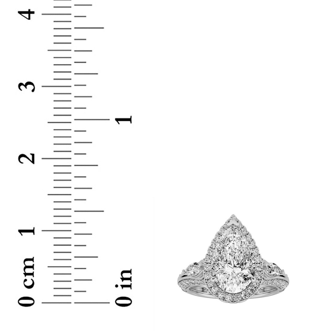 3Cttw Pear Shaped Lab Grown Diamond (F/VS) Three Stone Halo Enagement Ring in 14K Gold