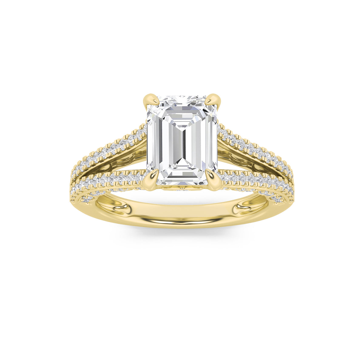 2Cttw Emerald Shaped Lab Grown Diamond (F/VS) Split Shank Accented Engagement Ring in 14K Gold