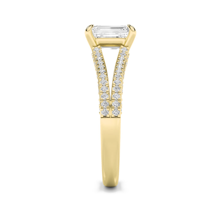 2Cttw Emerald Shaped Lab Grown Diamond (F/VS) Split Shank Accented Engagement Ring in 14K Gold