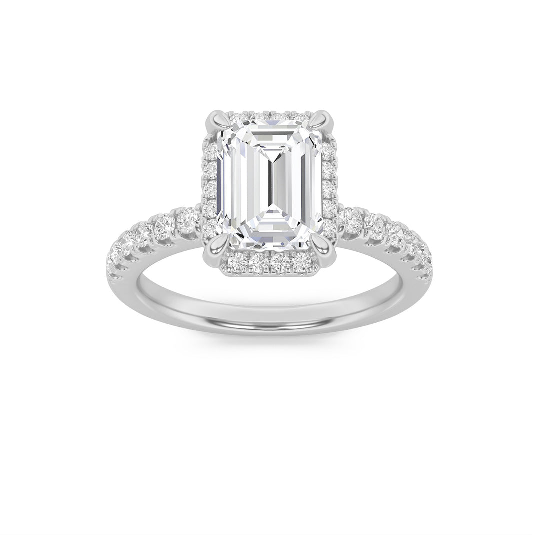 2Cttw Emerald Shaped Lab Grown Diamond (F/VS) Halo Accented Engagement Ring in 14K Gold