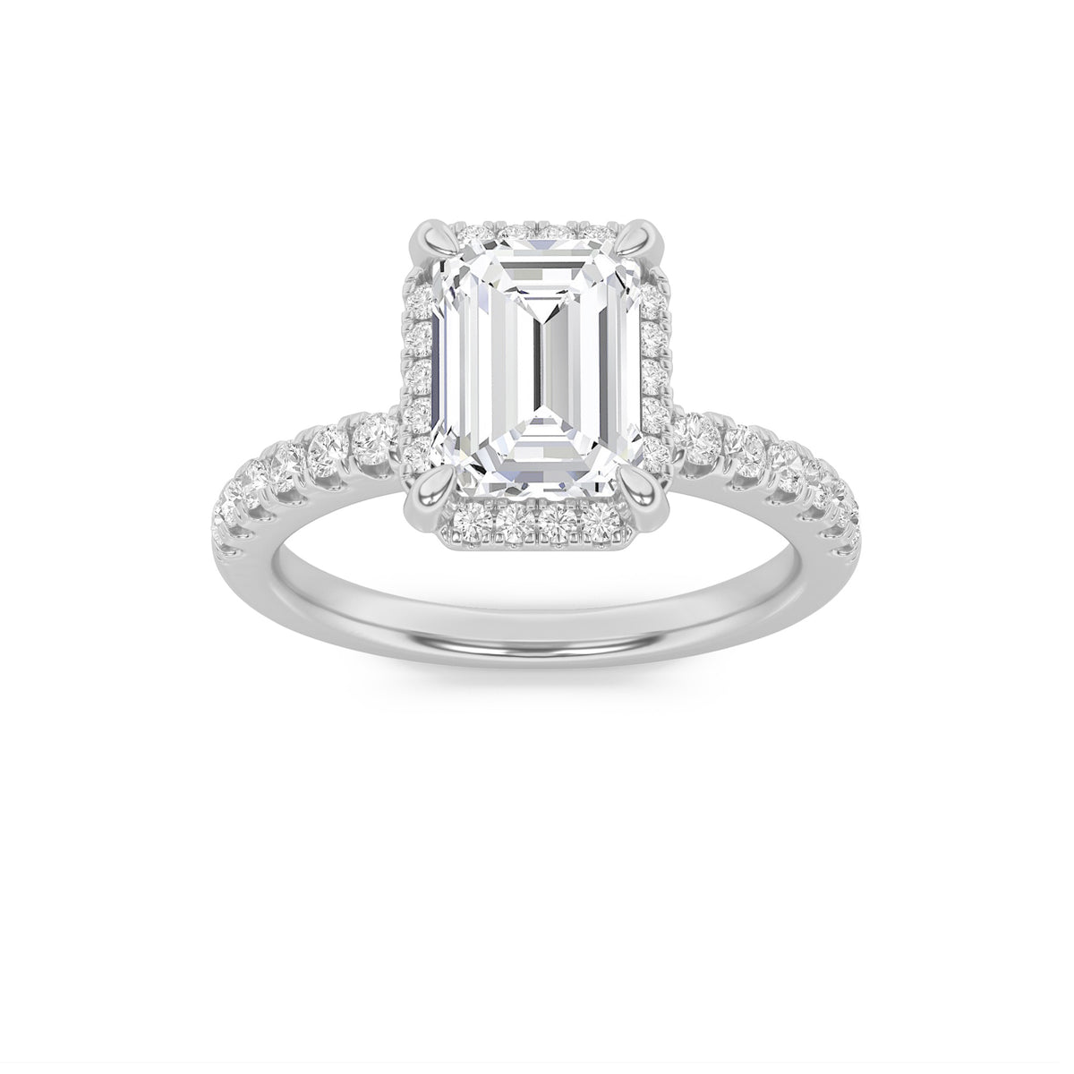 2Cttw Emerald Shaped Lab Grown Diamond (F/VS) Halo Accented Engagement Ring in 14K Gold