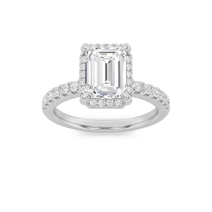 2Cttw Emerald Shaped Lab Grown Diamond (F/VS) Halo Accented Engagement Ring in 14K Gold