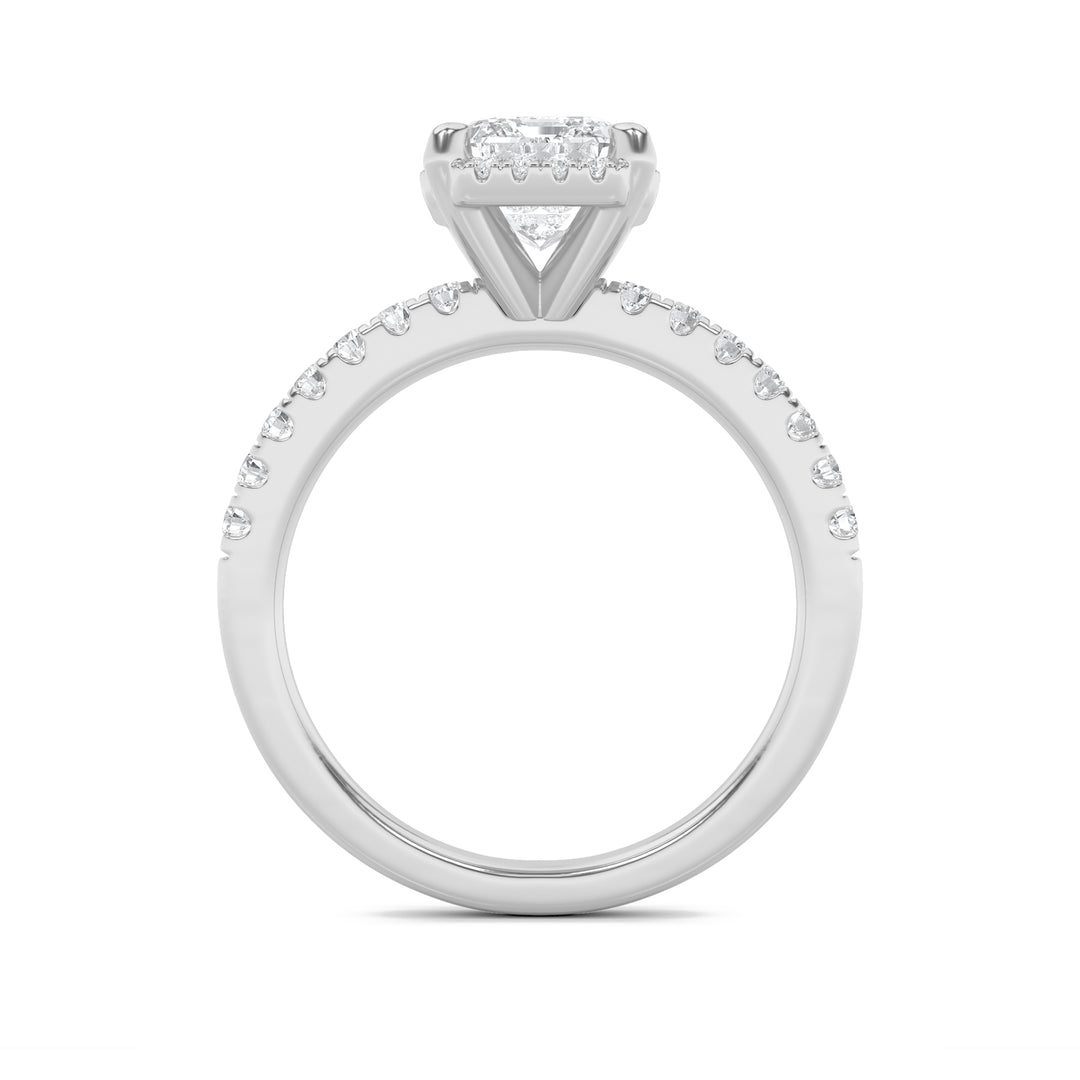 2Cttw Emerald Shaped Lab Grown Diamond (F/VS) Halo Accented Engagement Ring in 14K Gold