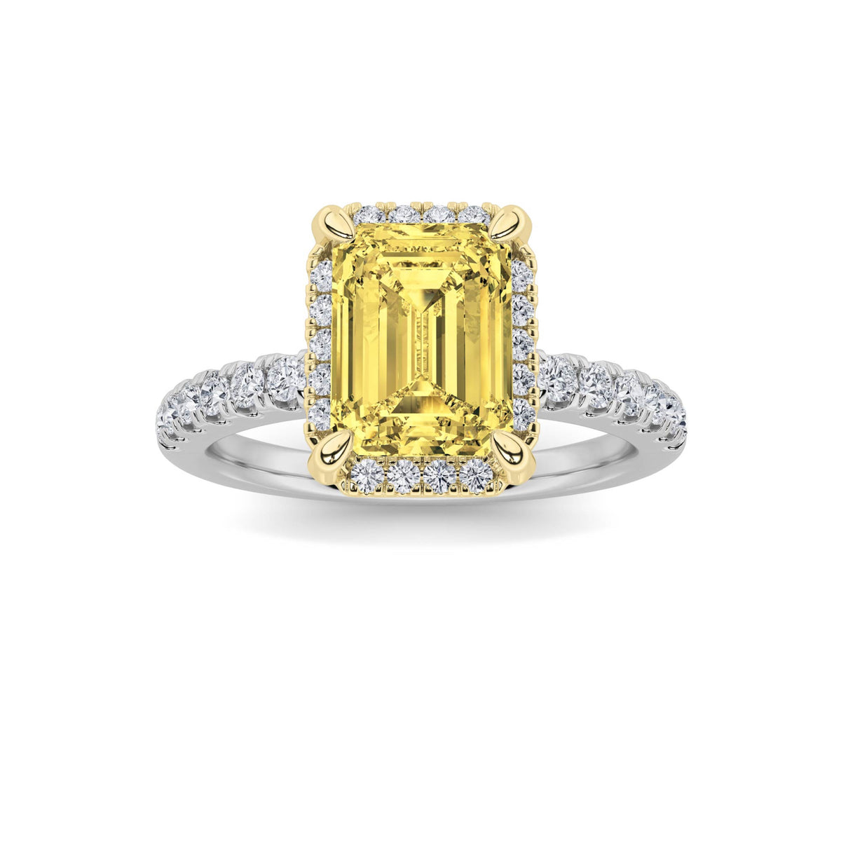 2Cttw Emerald Shaped Lab Grown Diamond (F/VS) Halo Accented Engagement Ring in 14K Gold