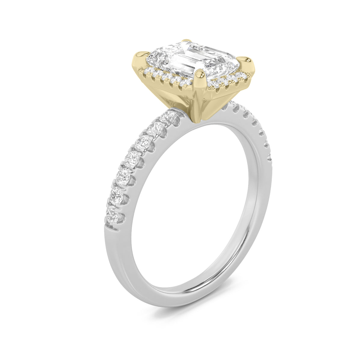 2Cttw Emerald Shaped Lab Grown Diamond (F/VS) Halo Accented Engagement Ring in 14K Gold