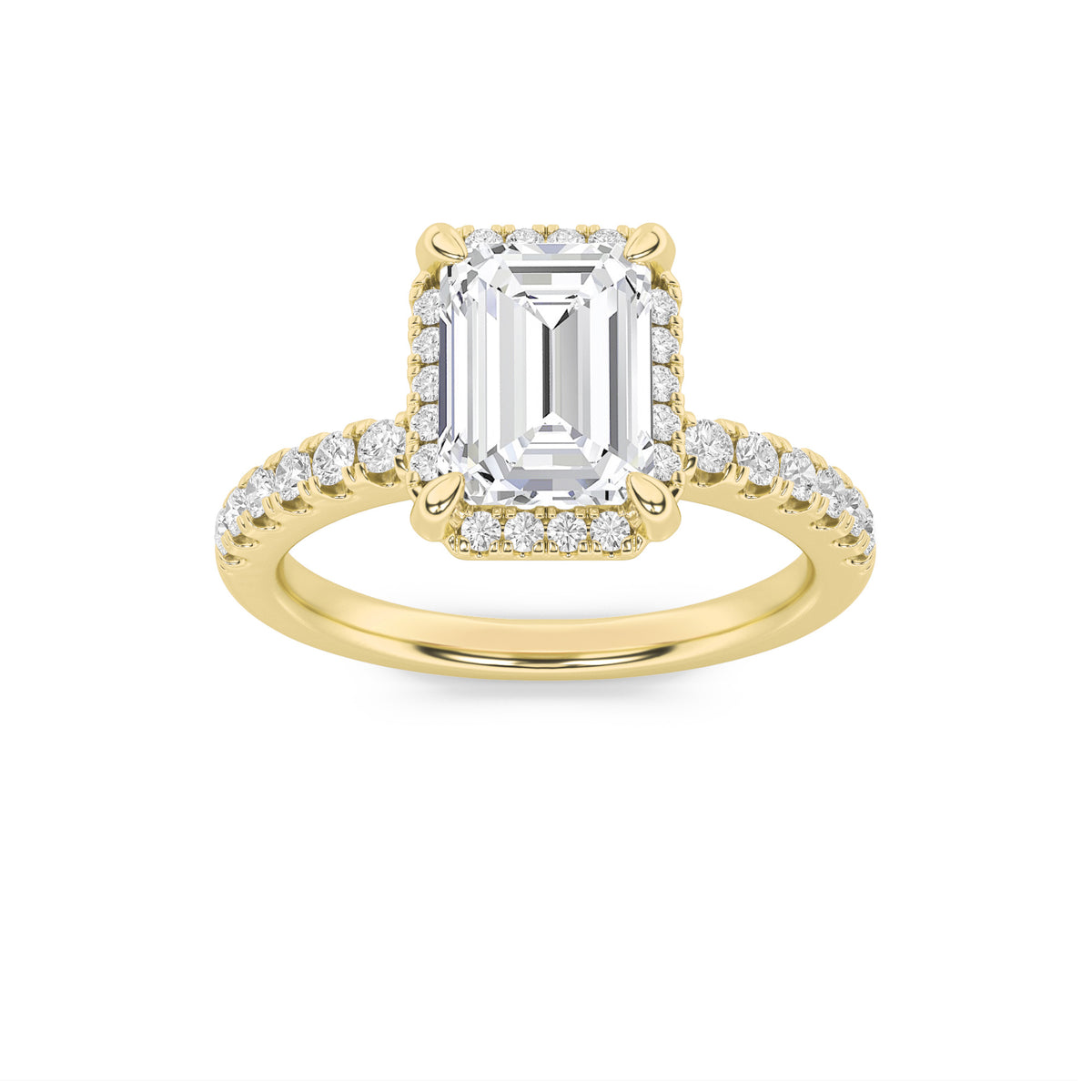 2Cttw Emerald Shaped Lab Grown Diamond (F/VS) Halo Accented Engagement Ring in 14K Gold