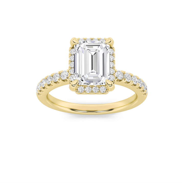 2Cttw Emerald Shaped Lab Grown Diamond (G/VS) Halo Accented Engagement Ring in 14K Gold
