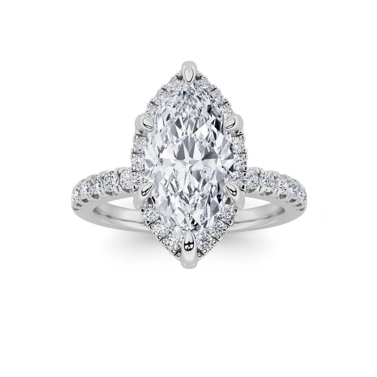 2Cttw Marquise Shaped Lab Grown Diamond (F/VS) Halo Accented Engagement Ring in 14K Gold