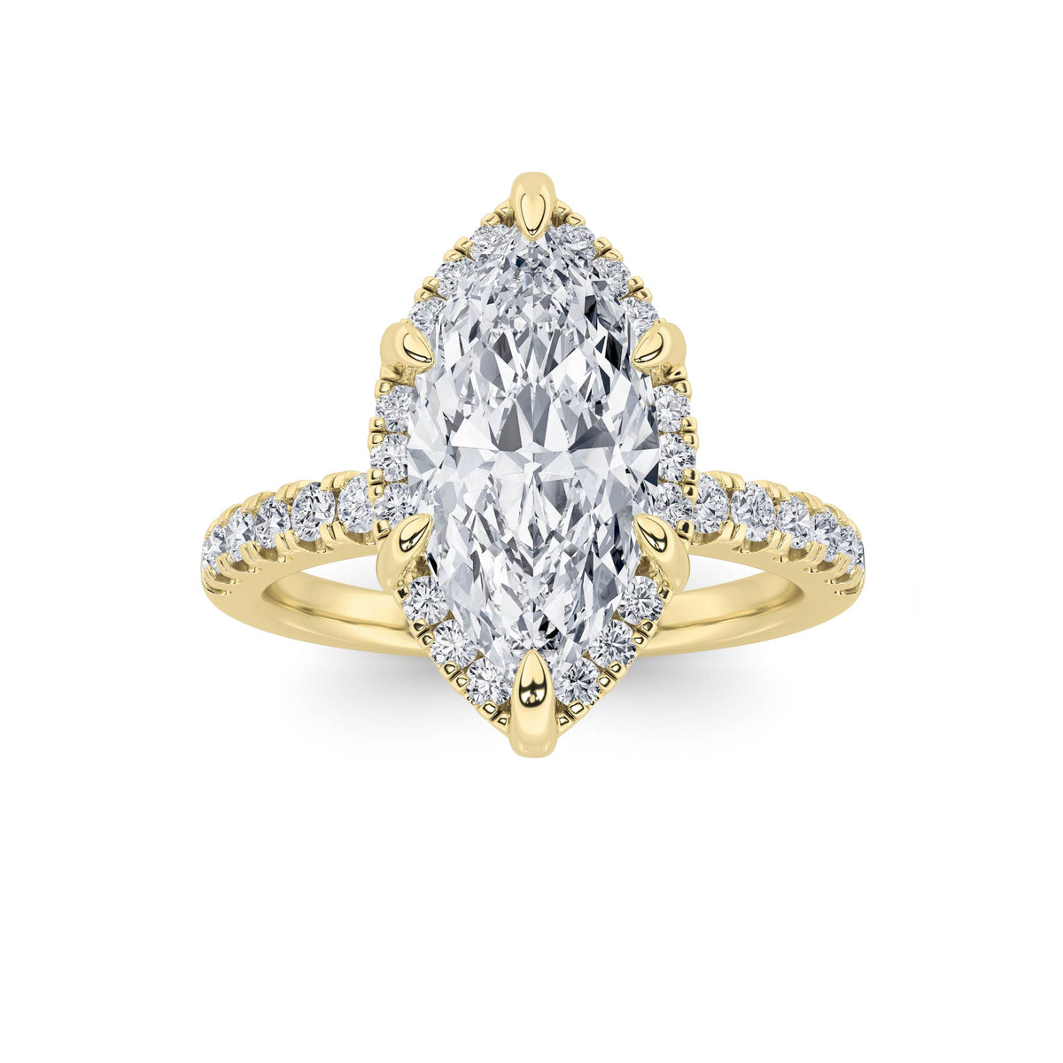 2Cttw Marquise Shaped Lab Grown Diamond (F/VS) Halo Accented Engagement Ring in 14K Gold