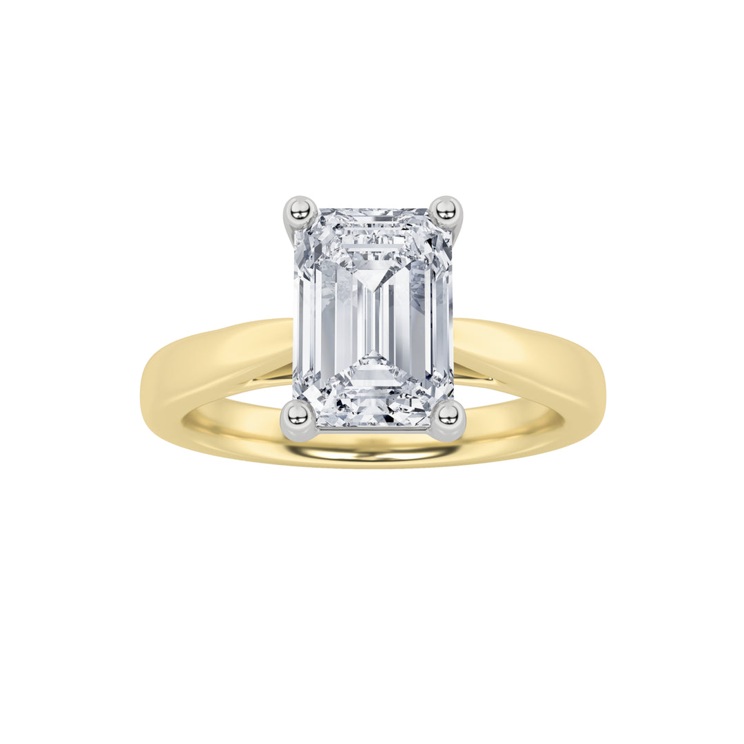 2Cttw Emerald Shaped Lab Grown Diamond (F/VS) Classic Shank Solitaire Two Tone Engagement Ring in 14K Gold