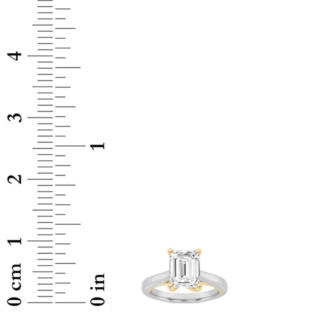 1.5Cttw Emerald Shaped Lab Grown Diamond (F/VS) Two Tone Cathedral Shank Engagement Ring in 14K Gold