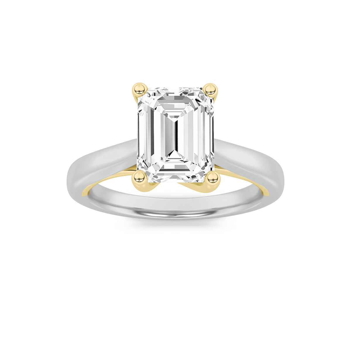 1.5Cttw Emerald Shaped Lab Grown Diamond (G/VS) Two Tone Cathedral Shank Engagement Ring in 14K Gold