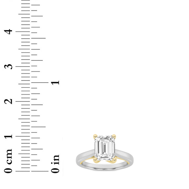3Cttw Emerald Shaped Lab Grown Diamond (G/VS) TwoTone Cathedral Shank Engagement Ring in 14K Gold