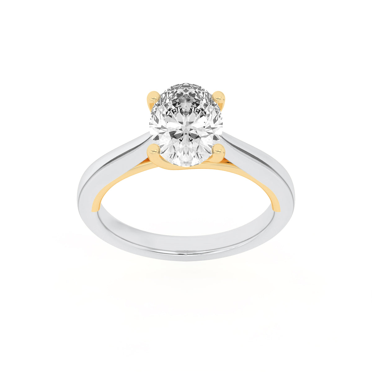 1Cttw Oval Shaped Lab Grown Diamond (F/VS) Two Tone Cathedral Shank Engagement Ring in 14K Gold