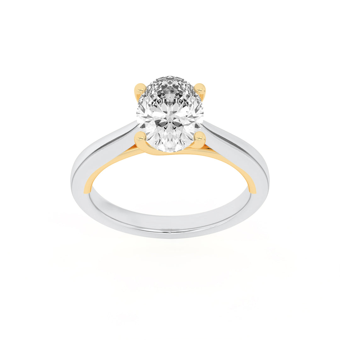 2Cttw Oval Shaped Lab Grown Diamond (F/VS) Two Tone Cathedral Shank Engagement Ring in 14K Gold