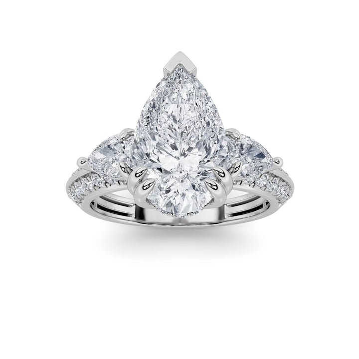 3.5Cttw Pear Shaped Lab Grown Diamond (G/VS) Three Stone Accented Engagement Ring in 14K Gold