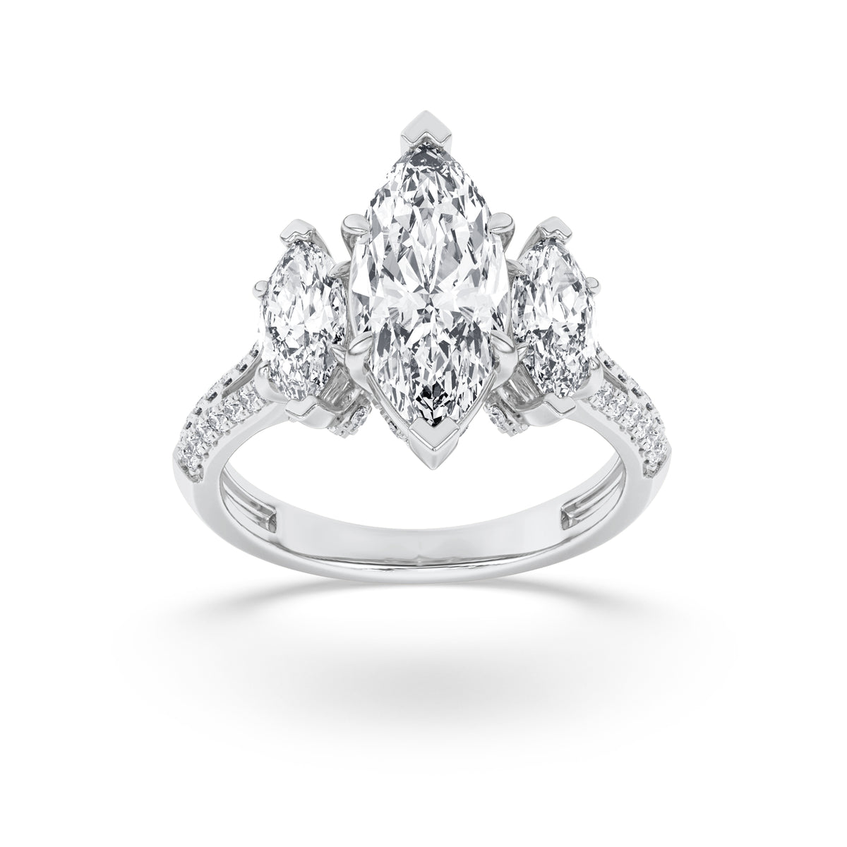 4Cttw Marquise Shaped Lab Grown Diamond (G/VS) Three Stone Accented Engagement Ring in 14K Gold