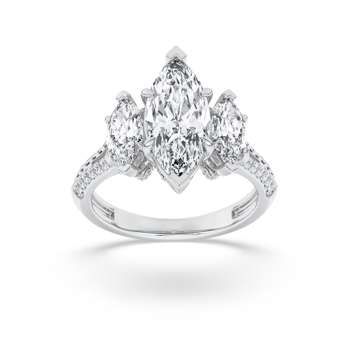 4Cttw Marquise Shaped Lab Grown Diamond (G/VS) Three Stone Accented Engagement Ring in 14K Gold