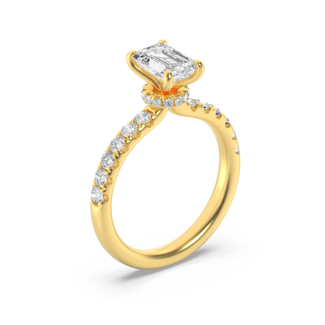 2Cttw Emerald Shaped Lab Grown Diamond (F/VS) Hidden Halo Accented Ring in 14K Gold