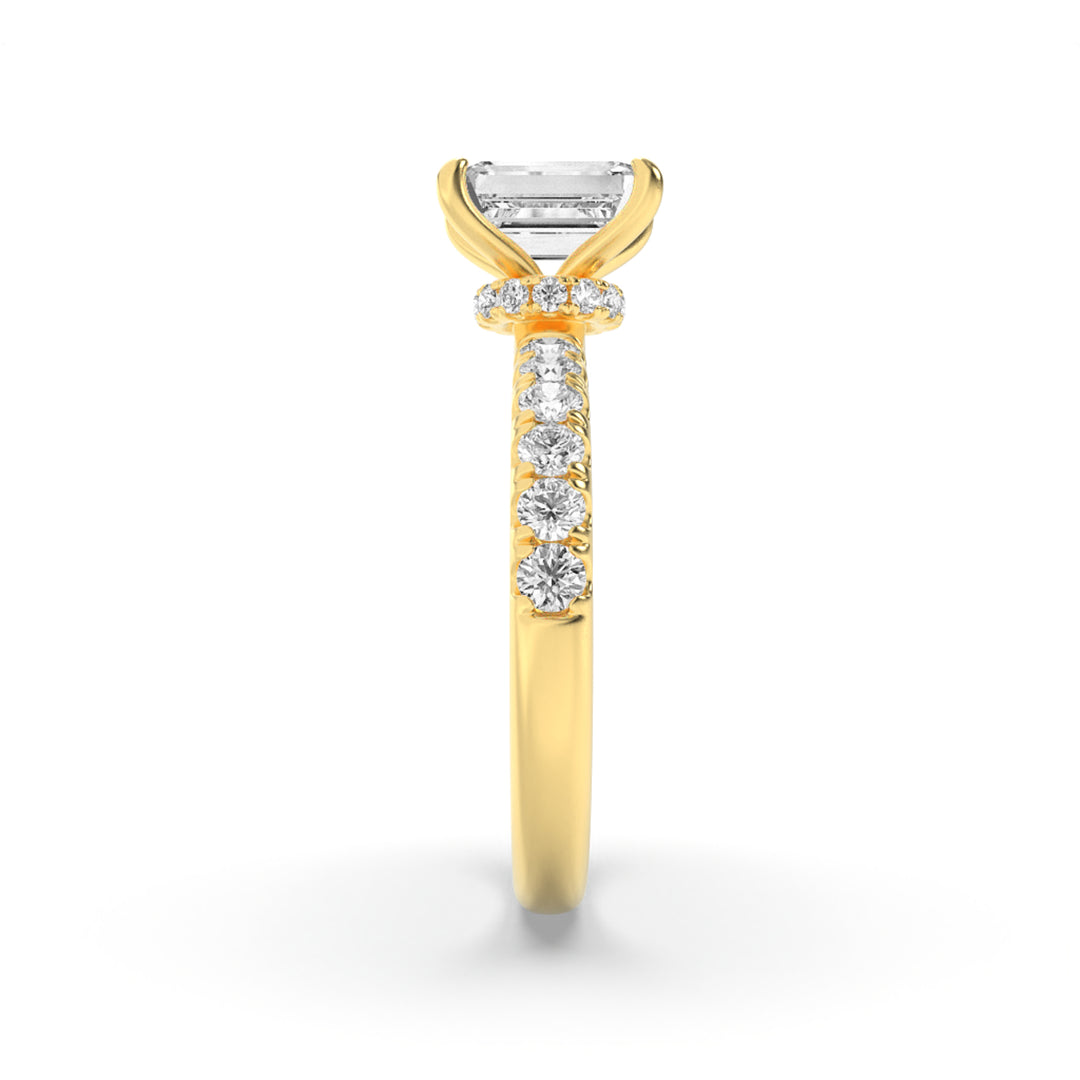 2Cttw Emerald Shaped Lab Grown Diamond (F/VS) Hidden Halo Accented Ring in 14K Gold