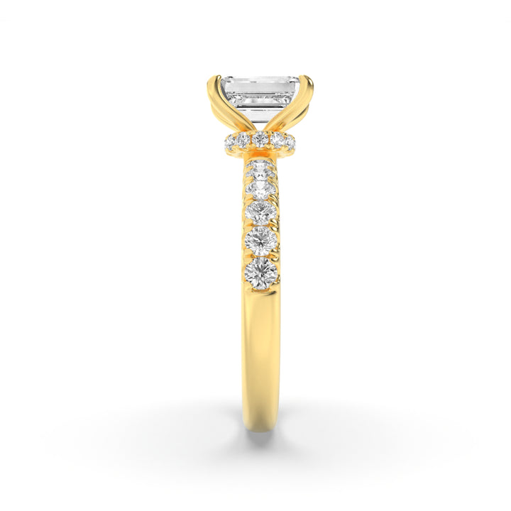 2Cttw Emerald Shaped Lab Grown Diamond (F/VS) Hidden Halo Accented Ring in 14K Gold