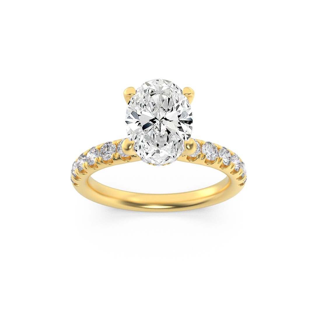 2Cttw Oval Shaped Lab Grown Diamond (F/VS) HiddenHalo Accented Ring in 14K Gold