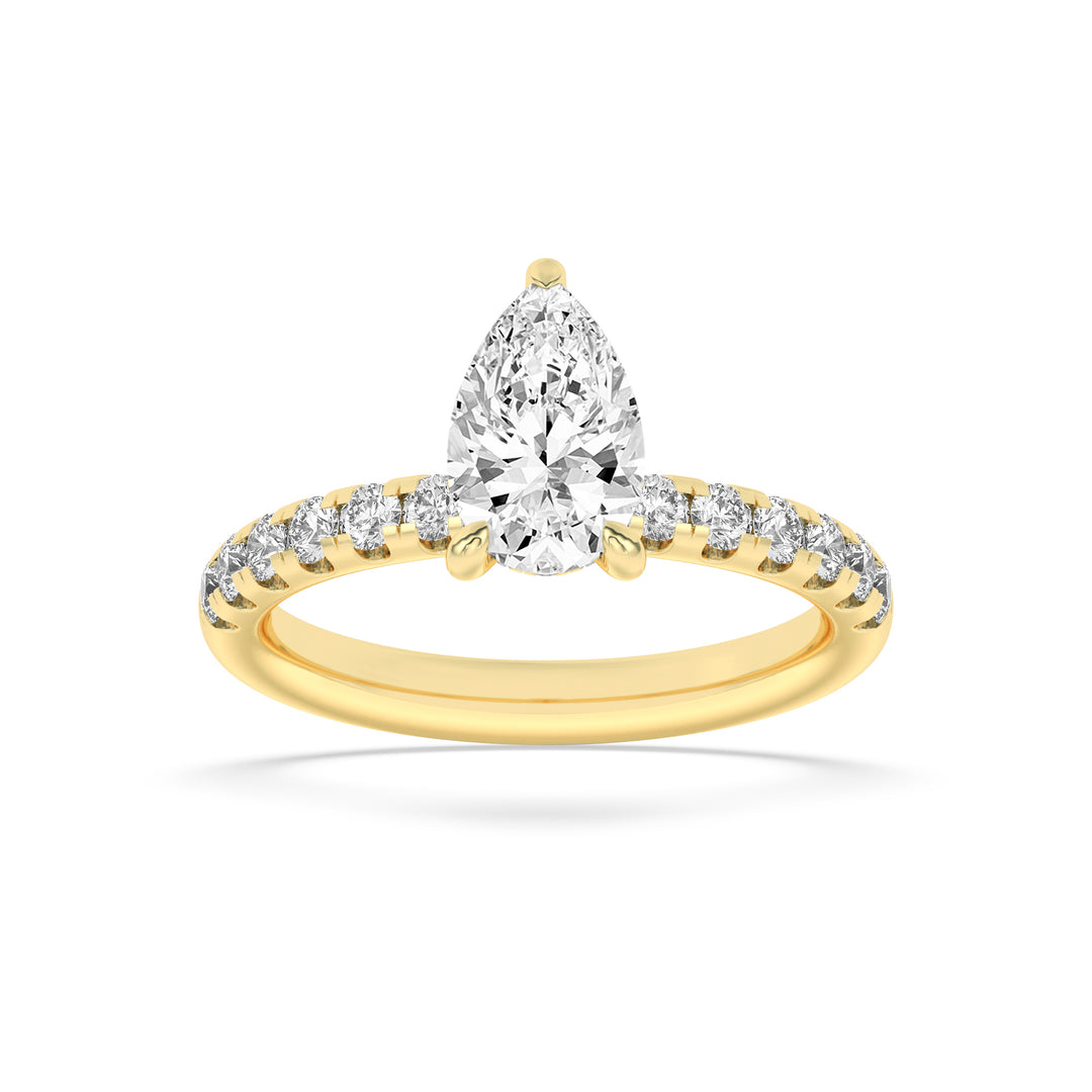 2Cttw Pear Shaped Lab Grown Diamond (F/VS) HiddenHalo Accented Ring in 14K Gold